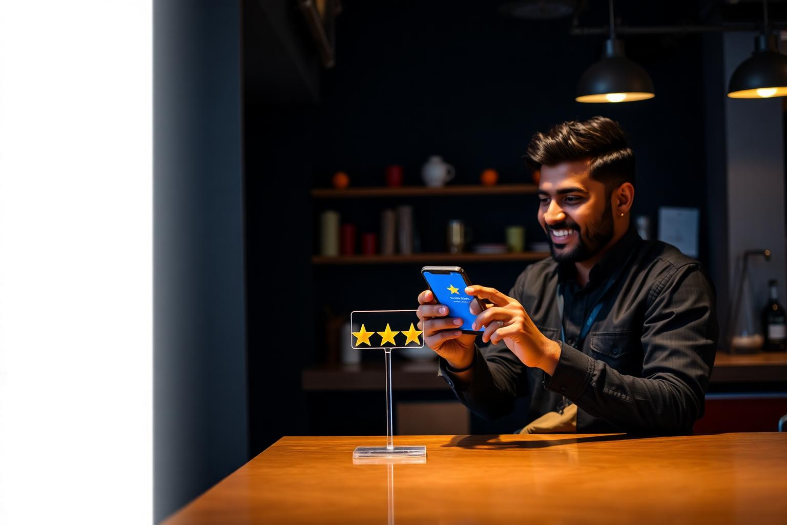 Indian business owner collecting a Google review with a QR stand